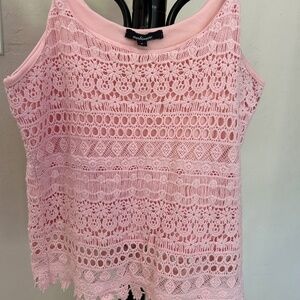Pink Lace Crochet Double Layer Stretch Tank Top Adjustable Suspenders